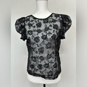 Shein -Sheer Floral Lace Top - Womens M- Black